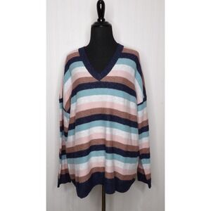 J. Jill Knit Sweater Multicolor Striped‎ Size Large Petite Cotton Blend V-Neck